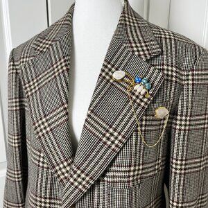 Vintage 70s Tweed Wool Blazer + Handmade Brooch  Unisex M, Oversized Fit for S-M